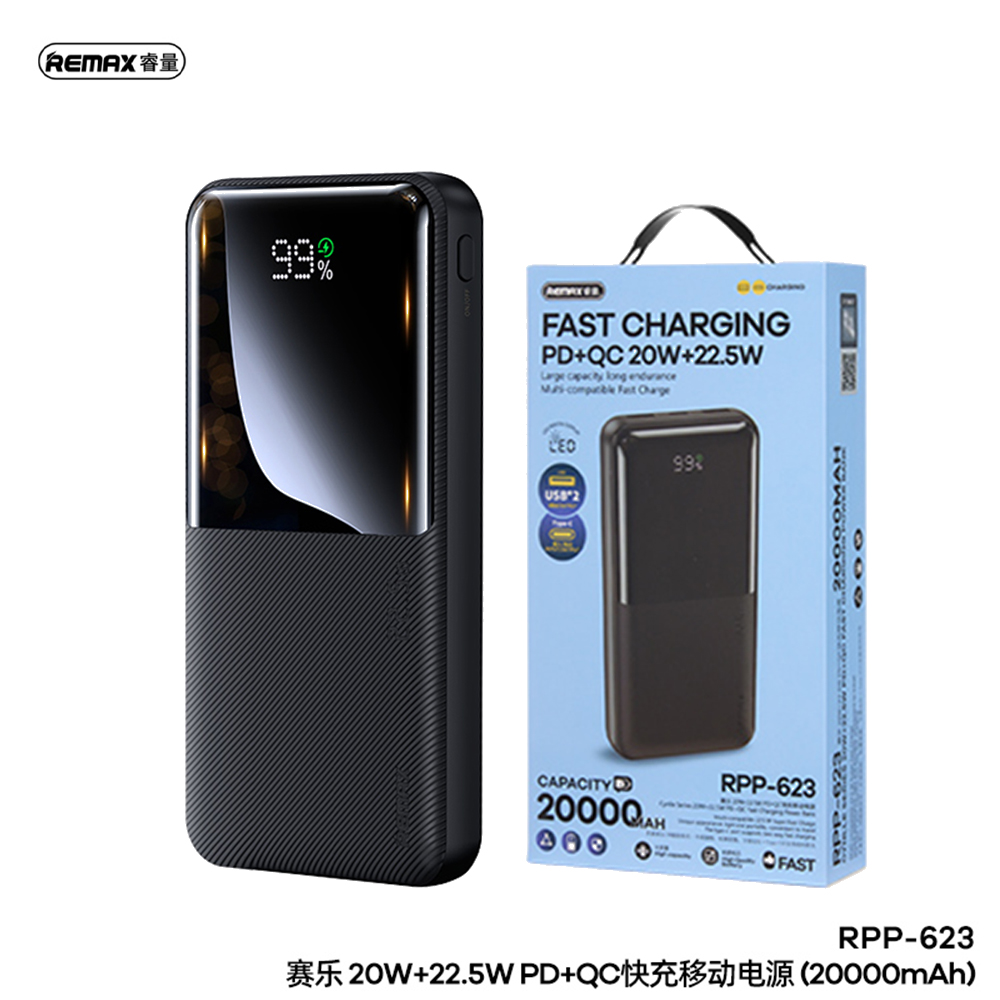 REMAX 20000mAh RPP-623 PD 20W+QC 22.5W Fast Charging Cynlle Series Power Bank Black REMAX 20000mAh RPP-623 PD 20W+QC 22.5W Fast Charging Cynlle Series Power Bank Black